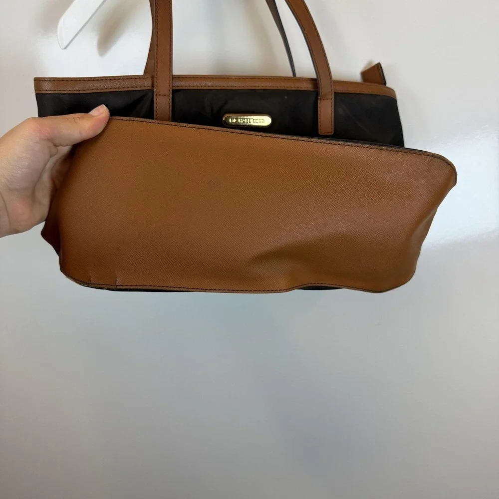 Michael Kors Tote Bag Womens Medium Black Nylon Leather Brown Trim Zip Pockets